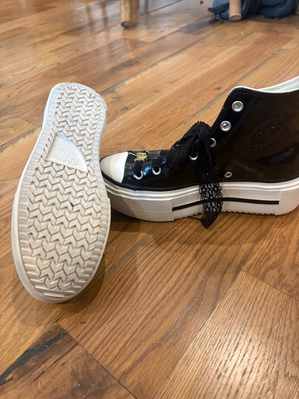 Converse Black Patent High-Top Platform Sneakers with Customized Laces for Women - Picture 7 of 8